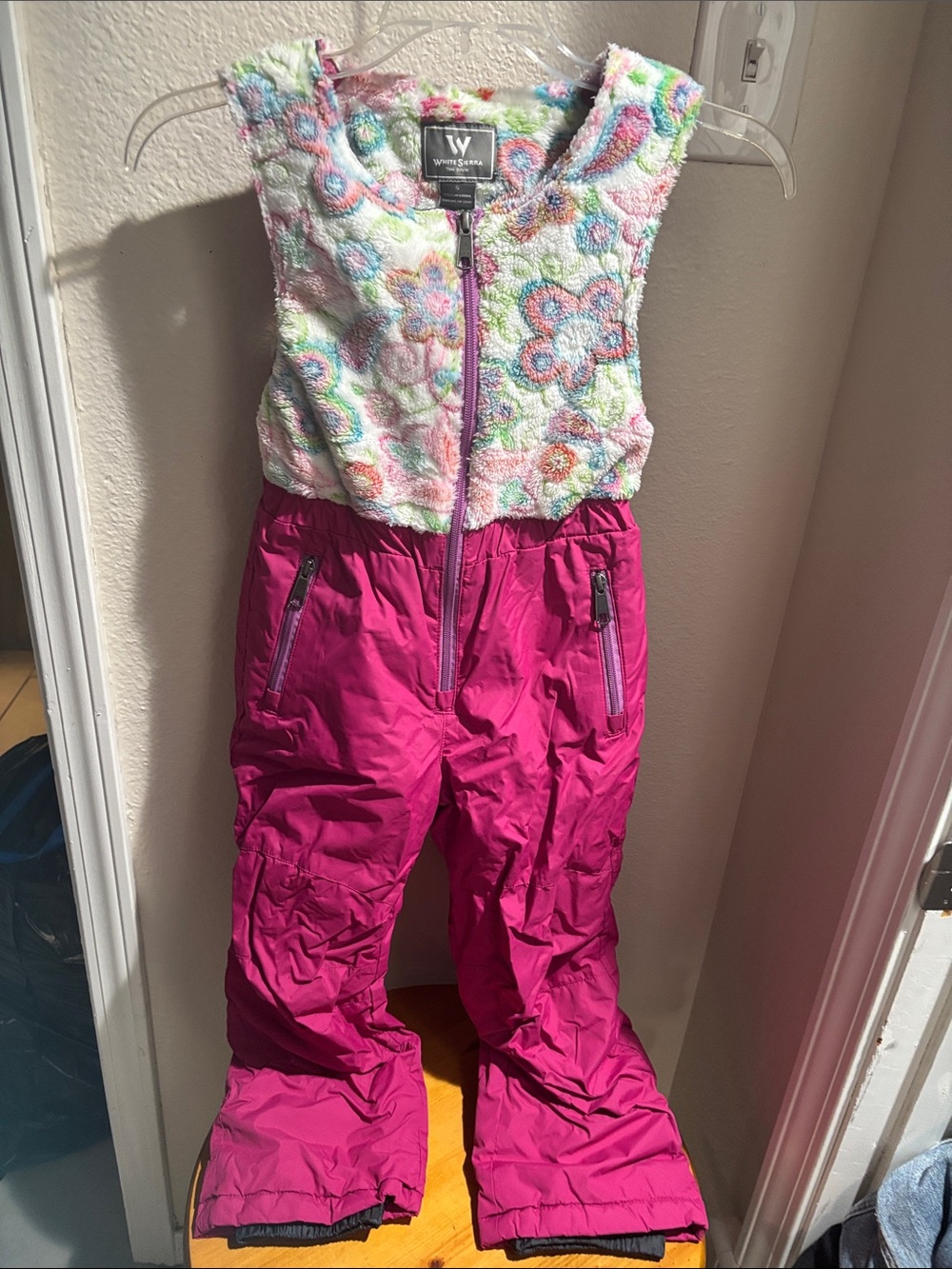 White Sierra Girls' Floral Fleece Bodice with Hot Pink Ski Bib Pants 6
